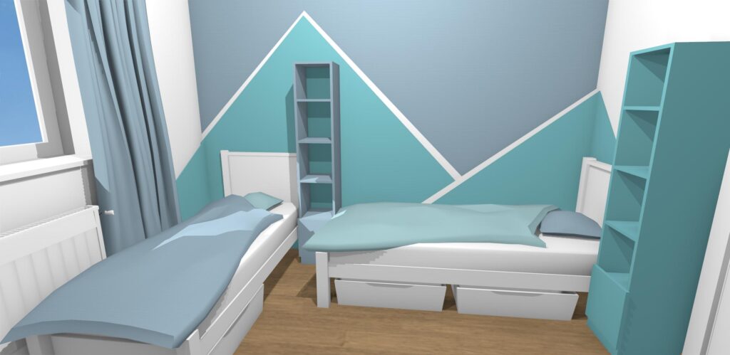 navrh detskej izby so samostatnymi postelami a policovymi zostavami s modro zelenou malovkou