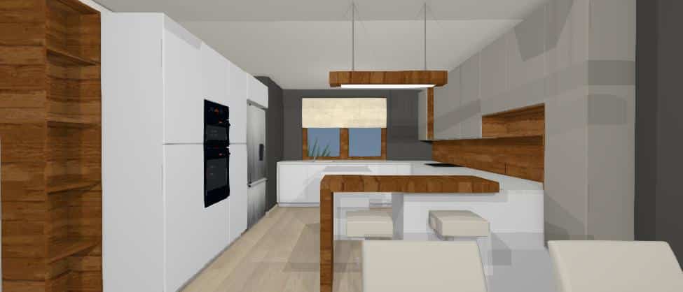 moderna sivo biela kuchyna s drevenym dekorom