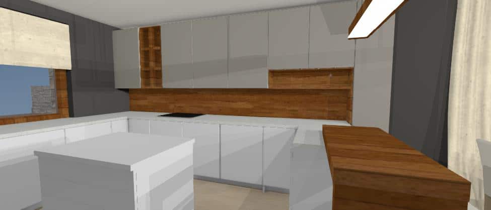 dizajn modernej sivej kuchyne s drevodekorom