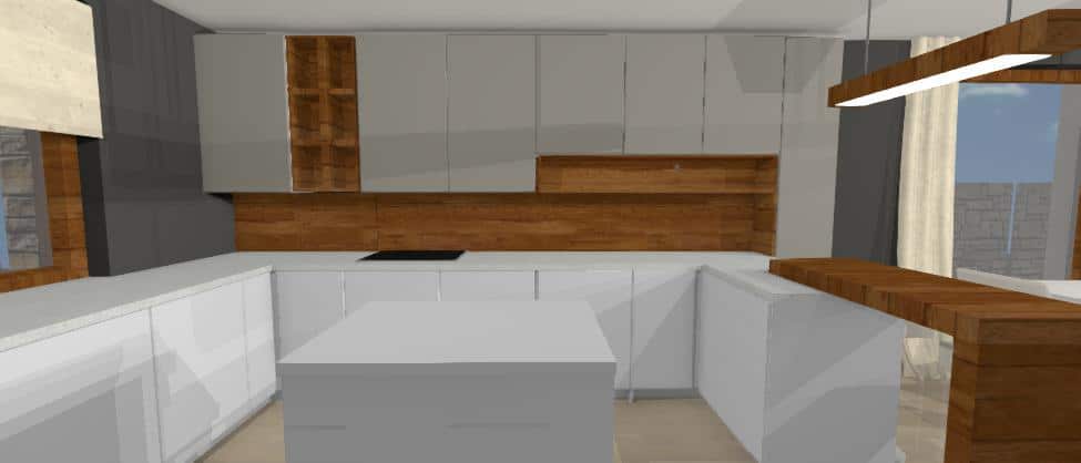 navrh modernej sivo drevenej kuchyne s dlhou polickou