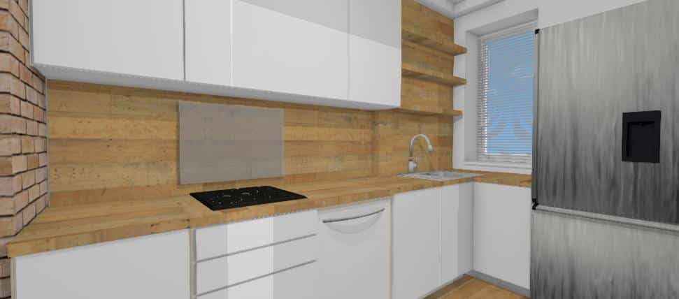 dizajn bielej kuchyne s drevenou zastenou a tehlovym obkladom