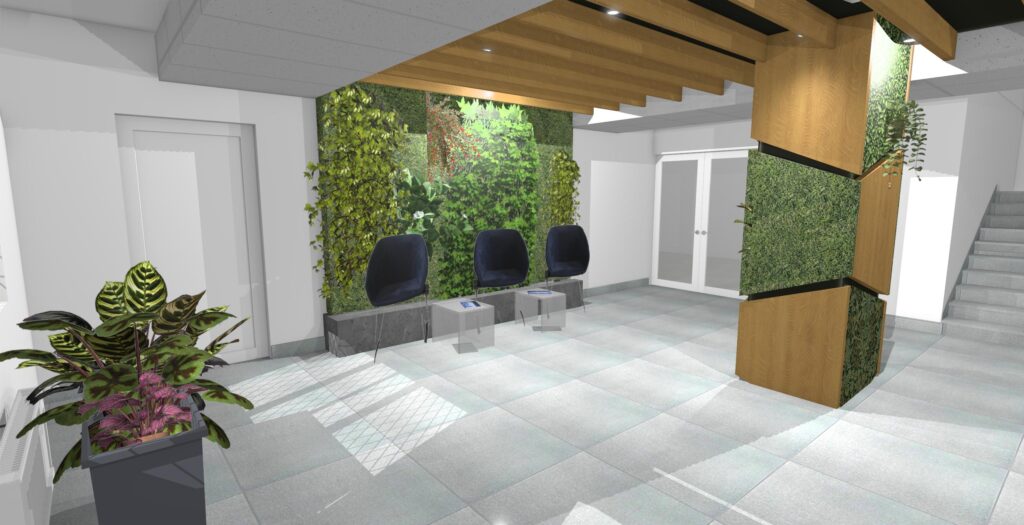 interior design of green reception for energetic company