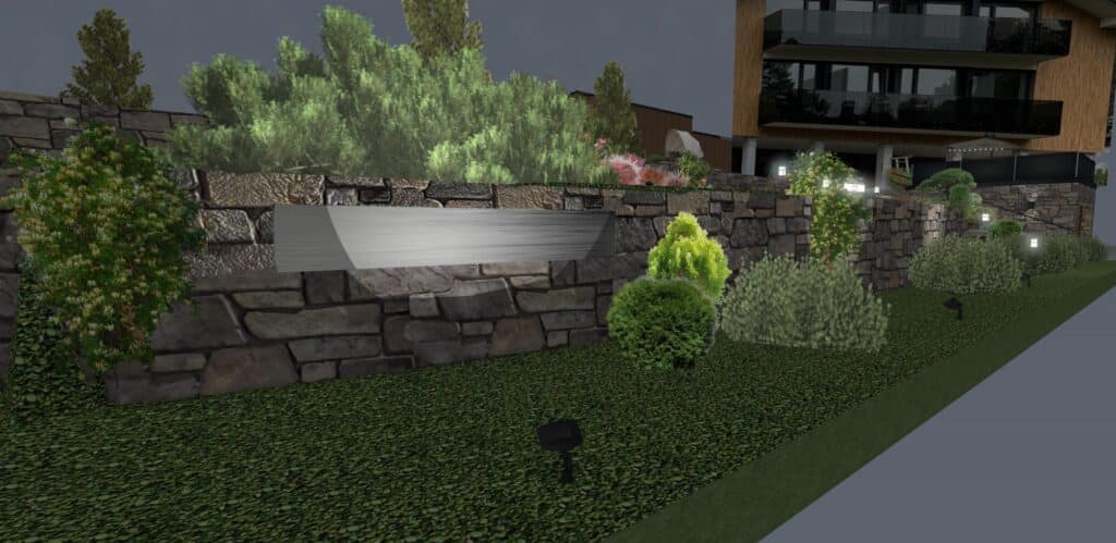 vizializacia nocneho pohladu na hotelovy komplex od spodneho parkoviska