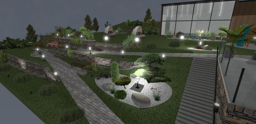 vizualizacia nocneho pohladu pristupo do hotela