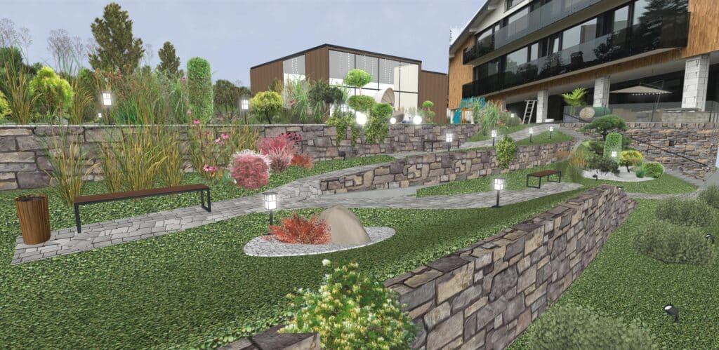 vizualizacia nasvieteneho pristupoveho chodnika v obkoleseni zelene