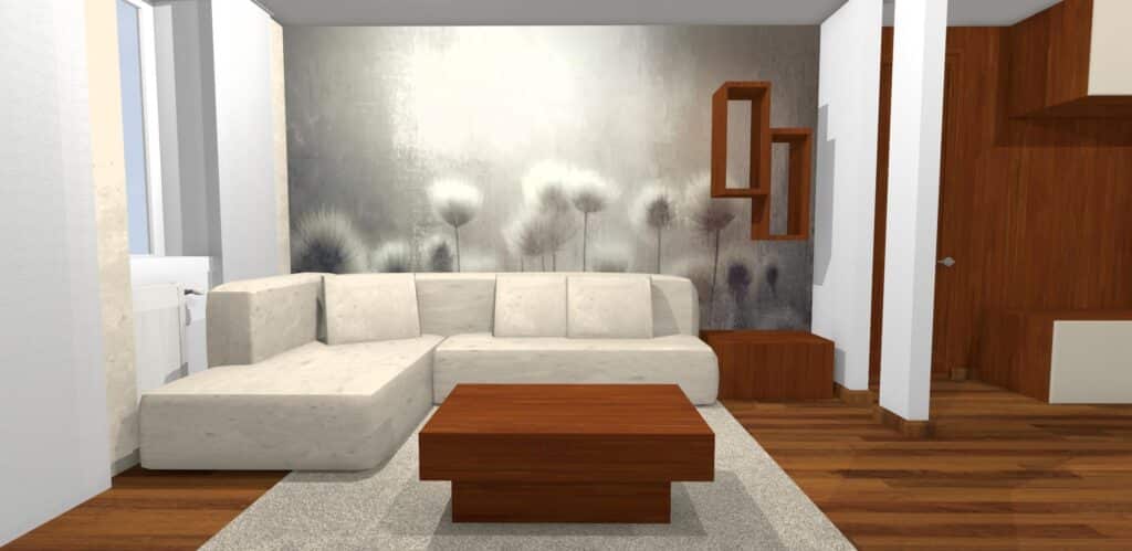 obyvacka s prirodnou tapetou a homeoffice 2 v 1